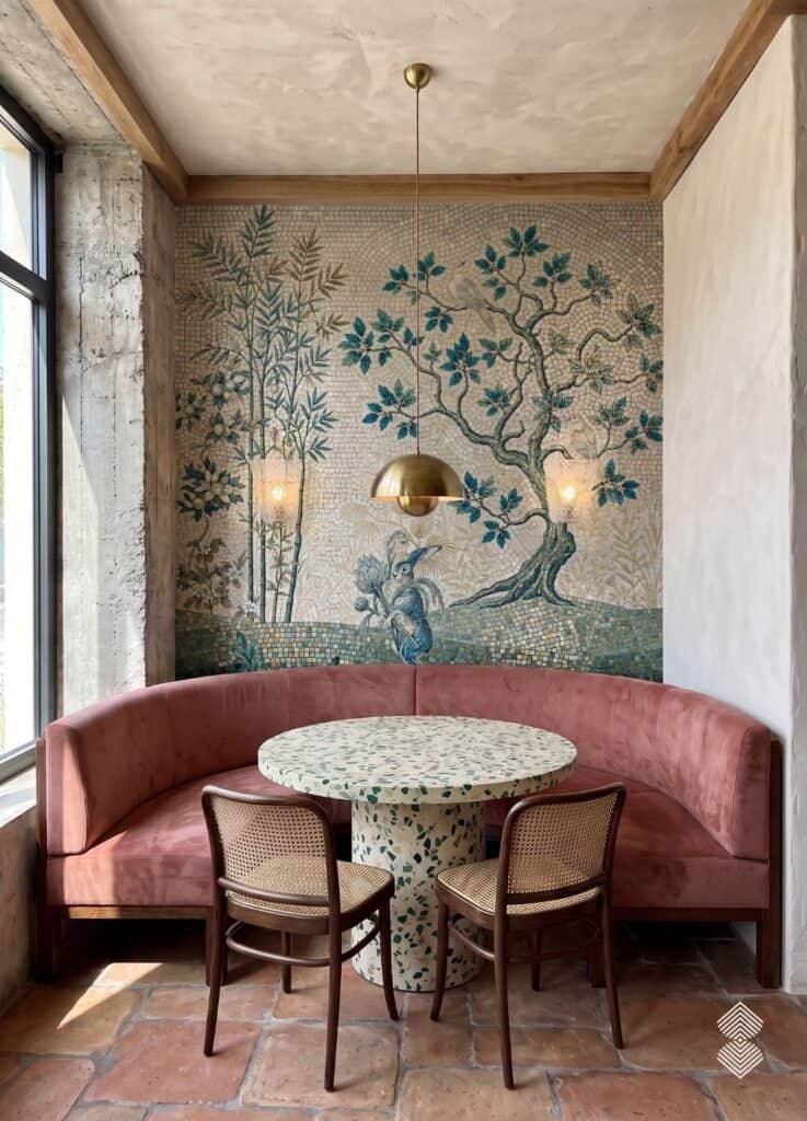 A chinoiserie tree mural mosaic on a cafe accent wall showing a leafy tree, bamboo, a bird and a hare in teal and gold tesserae.