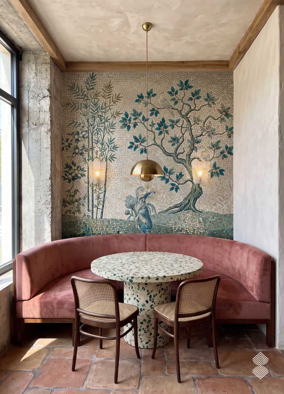 A chinoiserie tree mural mosaic on a cafe accent wall showing a leafy tree, bamboo, a bird and a hare in teal and gold tesserae.