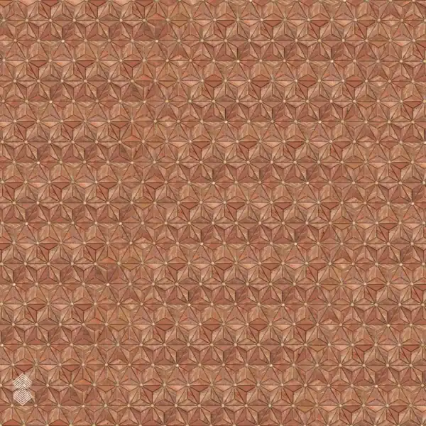clay-rosette Terracotta geometric mosaic features repeating star rosettes, angular marble pieces, and small golden center accents.