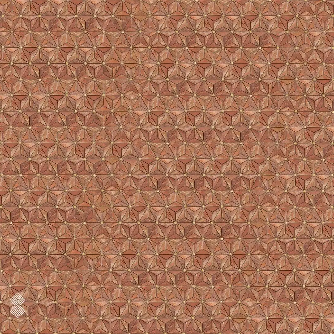 Terracotta geometric mosaic features repeating star rosettes, angular marble pieces, and small golden center accents.