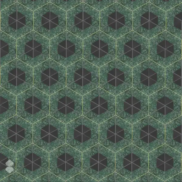 emerald-honeycomb Emerald geometric mosaic features repeating hexagonal cubes, charcoal centers, textured green surfaces, and fine gold accents.