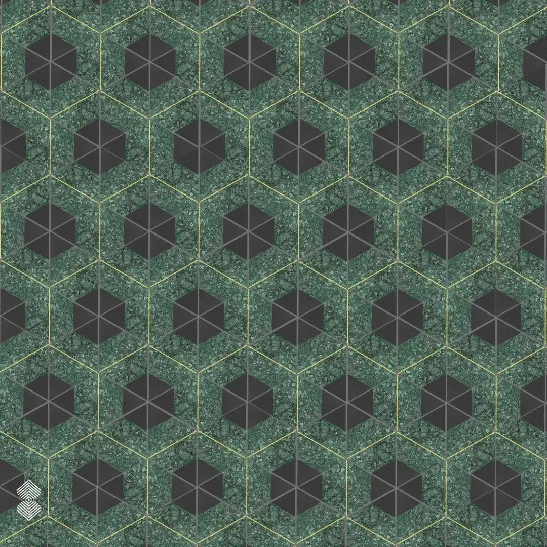 Emerald geometric mosaic features repeating hexagonal cubes, charcoal centers, textured green surfaces, and fine gold accents.
