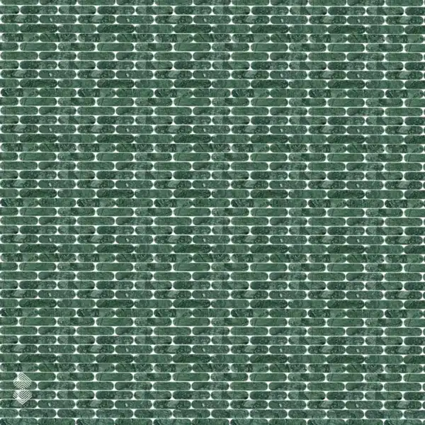 fern-weave Green marble mosaic features rounded linear tesserae arranged in staggered rows with contrasting white spacing.