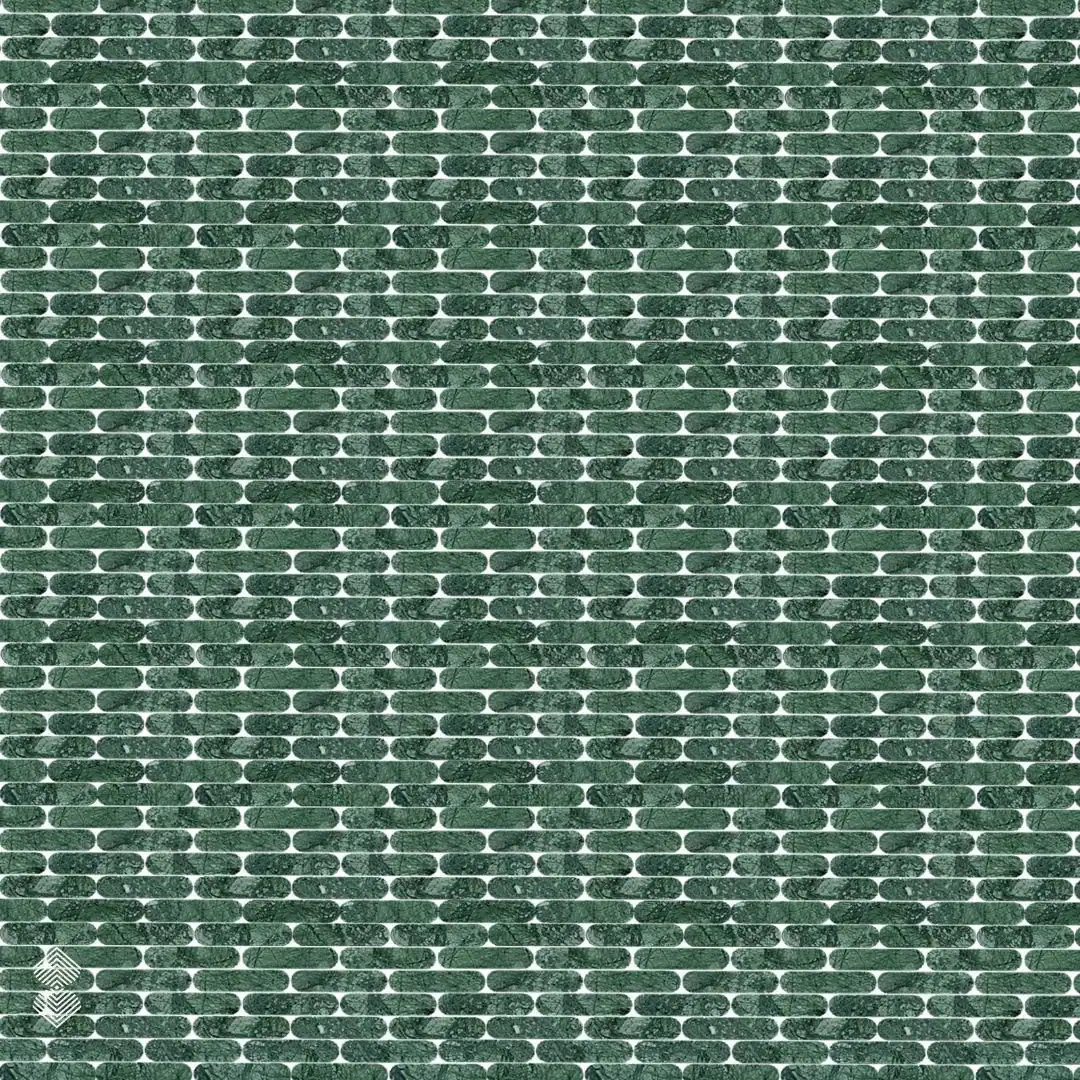 Green marble mosaic features rounded linear tesserae arranged in staggered rows with contrasting white spacing.