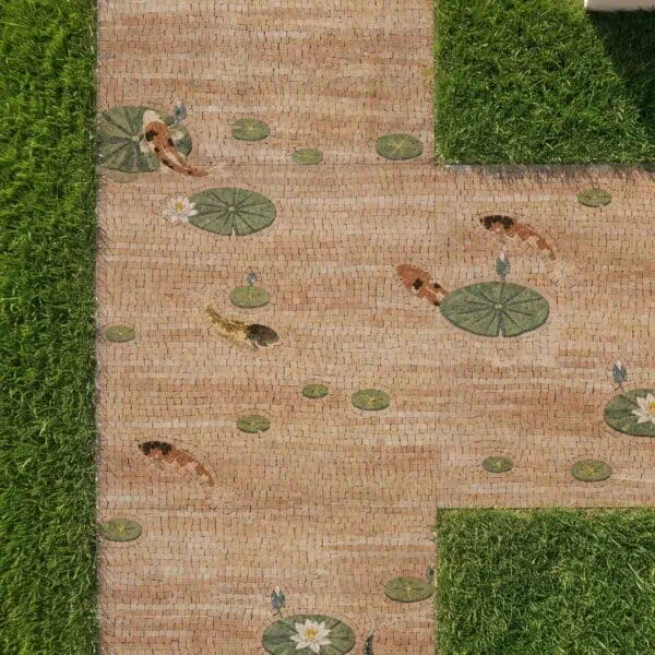Koi Pond Walkway Mosaic Overhead view of a koi pond walkway mosaic showing orange and black koi swimming among green lily pads set in a stone path