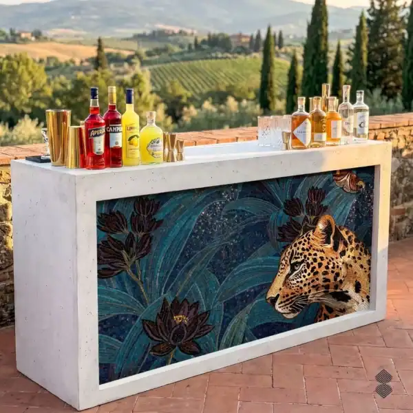 lotus-prowl Leopard mosaic bar front features golden wildlife portrait, dark lotus flowers, and flowing teal foliage.