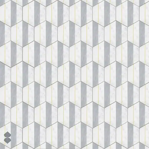 luxurient-hex White and grey marble mosaic features elongated hexagonal geometry, dimensional patterns, and fine golden line accents.