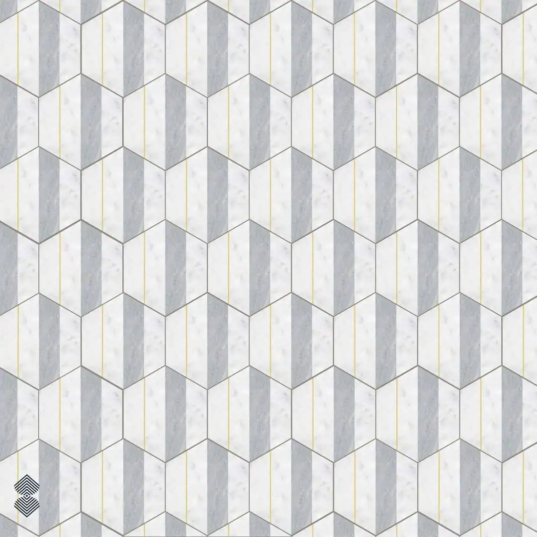 White and grey marble mosaic features elongated hexagonal geometry, dimensional patterns, and fine golden line accents.