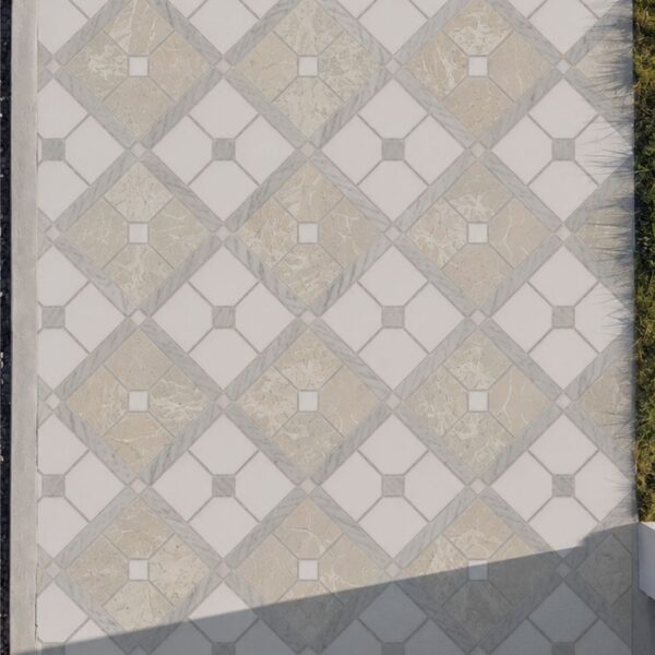 Diamond Trellis Marble Walkway Mosaic A marble mosaic walkway tile in a beige and white diagonal diamond trellis pattern laid along a garden path.
