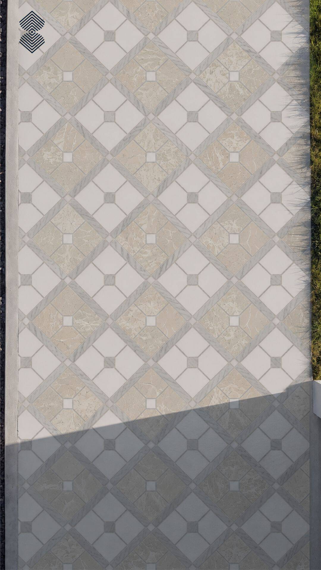 A marble mosaic walkway tile in a beige and white diagonal diamond trellis pattern laid along a garden path.