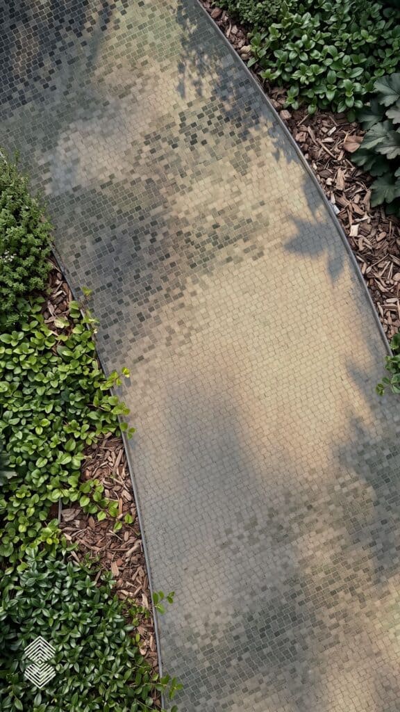 mosaic garden pathway made of small square tesserae