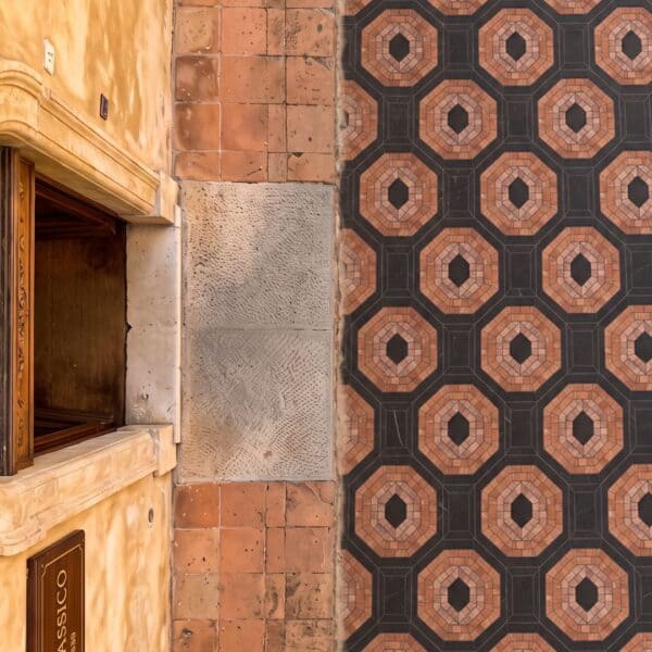 Octagon Mosaic Walkway A terracotta and black octagon mosaic walkway pattern set into stone paving beside a building facade.