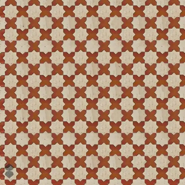 quatrefoil-bloom Terracotta and ivory marble mosaic features repeating geometric stars and interlocking crosses in symmetrical pattern.