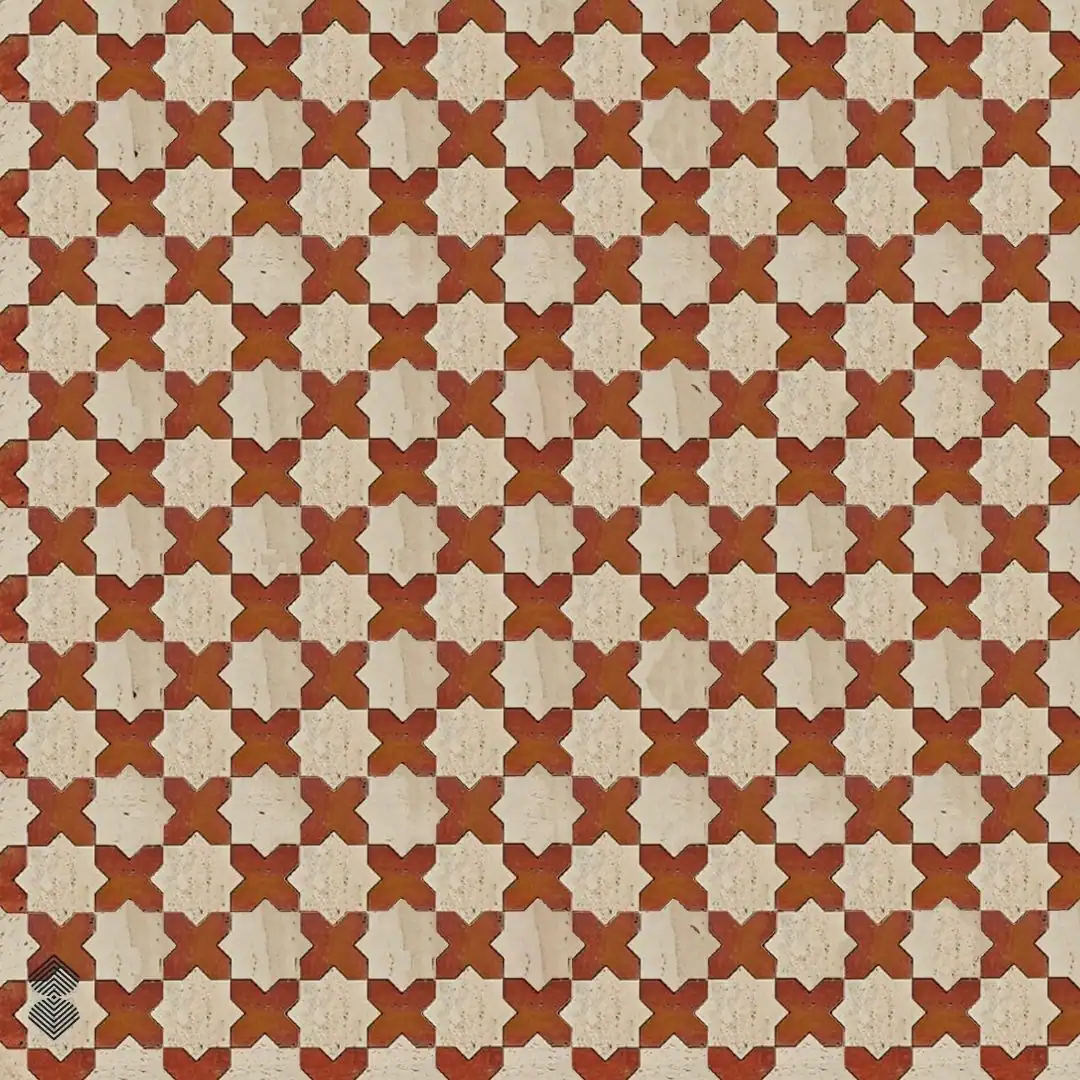 Terracotta and ivory marble mosaic features repeating geometric stars and interlocking crosses in symmetrical pattern.