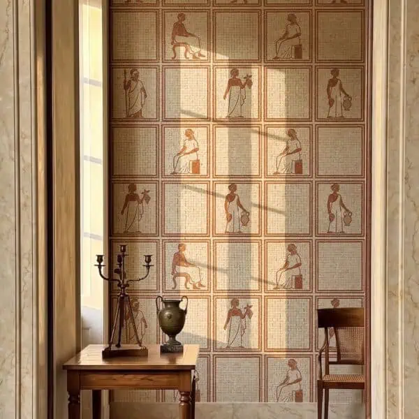 Roman Figures Grid Wall Mosaic A roman figure wall mosaic showing a grid of terracotta classical figures on a cream tesserae background.