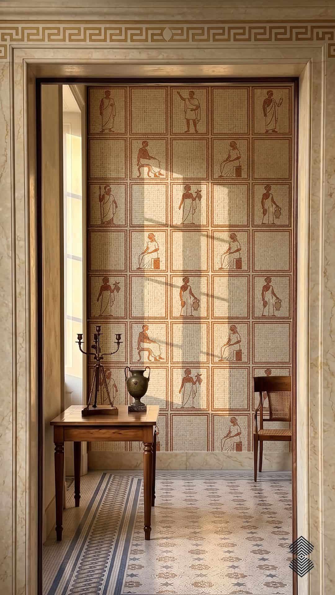 A roman figure wall mosaic showing a grid of terracotta classical figures on a cream tesserae background.