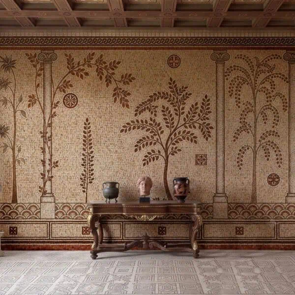 Roman Garden Wall Mosaic with Ionic Columns A roman garden wall mosaic showing trees between Ionic columns bordered by a Greek key pattern.