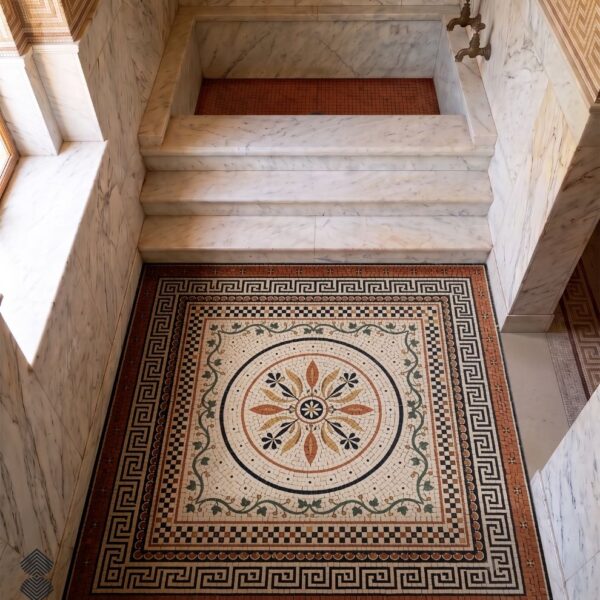 Roman Medallion Floor Mosaic with Greek Key Border A square roman medallion floor mosaic with a central flower rosette, ivy border and black-and-white Greek key edge set into a marble floor.