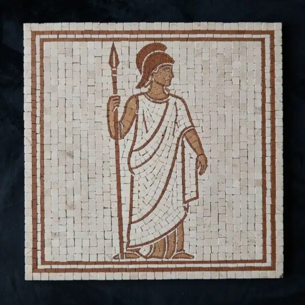 Roman Soldier with Spear Wall Mosaic A roman soldier wall mosaic showing a helmeted figure holding a spear, set in cream stone tesserae with a rust-brown border.