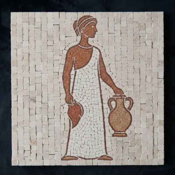 Roman Water Carrier Figure Mosaic A roman water carrier mosaic showing a draped classical figure holding an amphora and jug on a cream stone background.