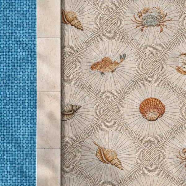 Sea Life Mosaic Walkway Border A sea life mosaic walkway with crabs, shells and fish set inside stone fan medallions beside a pool.