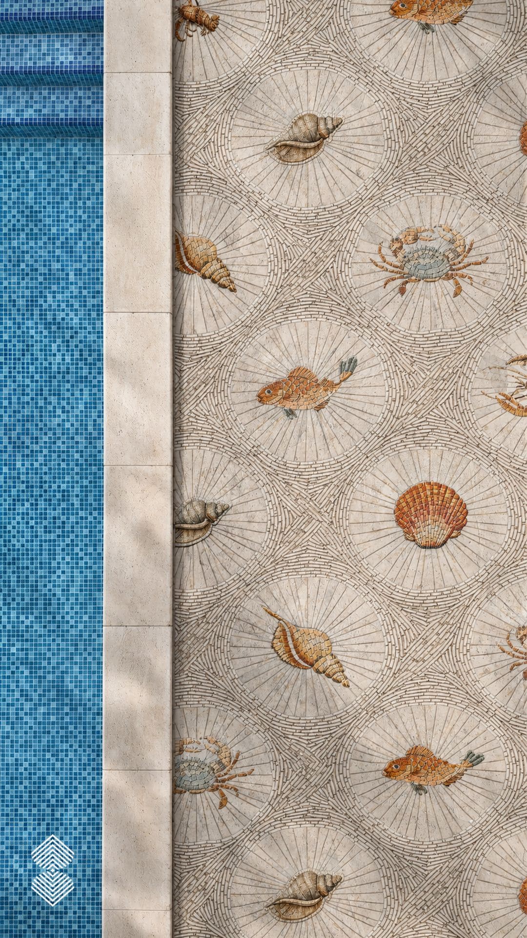 A sea life mosaic walkway with crabs, shells and fish set inside stone fan medallions beside a pool.