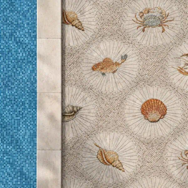 Sea Life Walkway Mosaic A sea life walkway mosaic showing shells, a crab and a fish set in fanned stone medallions along a path beside a pool