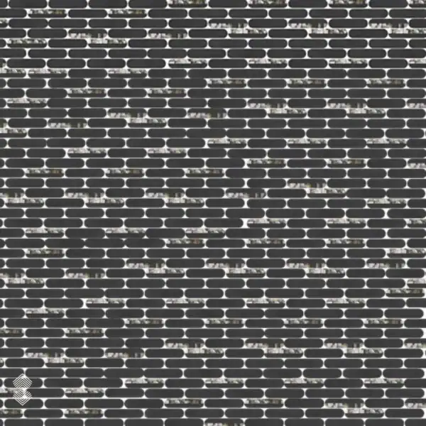 slate-herringbone Black linear mosaic features rounded tiles with reflective silver accents arranged in staggered horizontal rows.