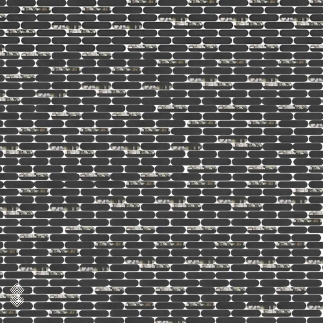 Black linear mosaic features rounded tiles with reflective silver accents arranged in staggered horizontal rows.