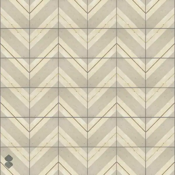 the-herring-fold Ivory and beige marble mosaic features repeating chevron patterns with delicate gold accents and geometric lines.