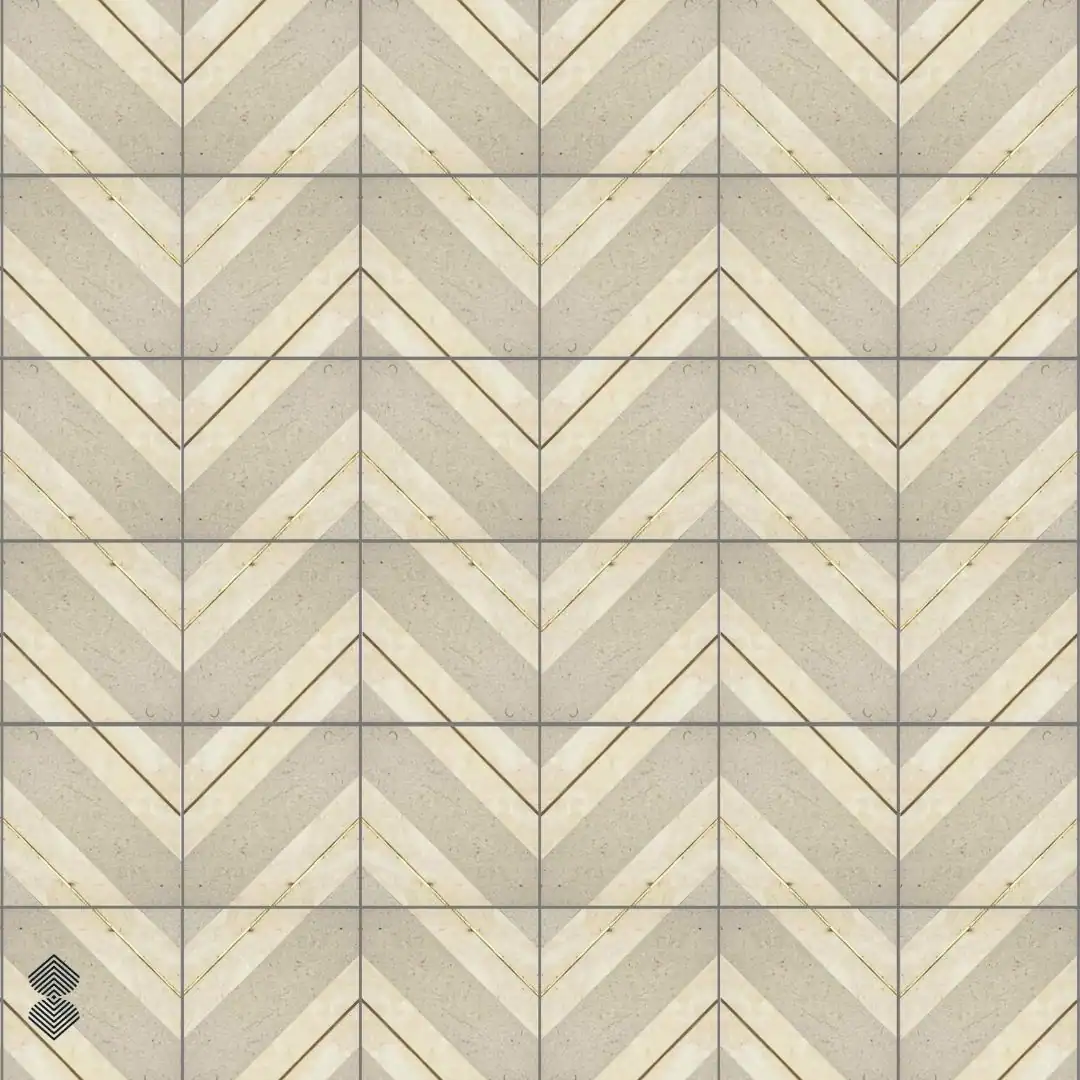 Ivory and beige marble mosaic features repeating chevron patterns with delicate gold accents and geometric lines.
