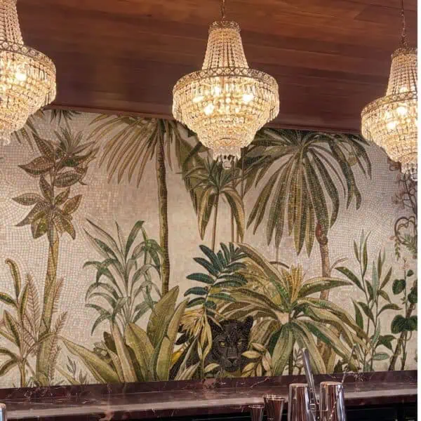 Tropical Palm Jungle Mosaic With Hidden Panther A tropical palm mosaic mural with dense green fronds and a hidden black panther set behind a restaurant bar