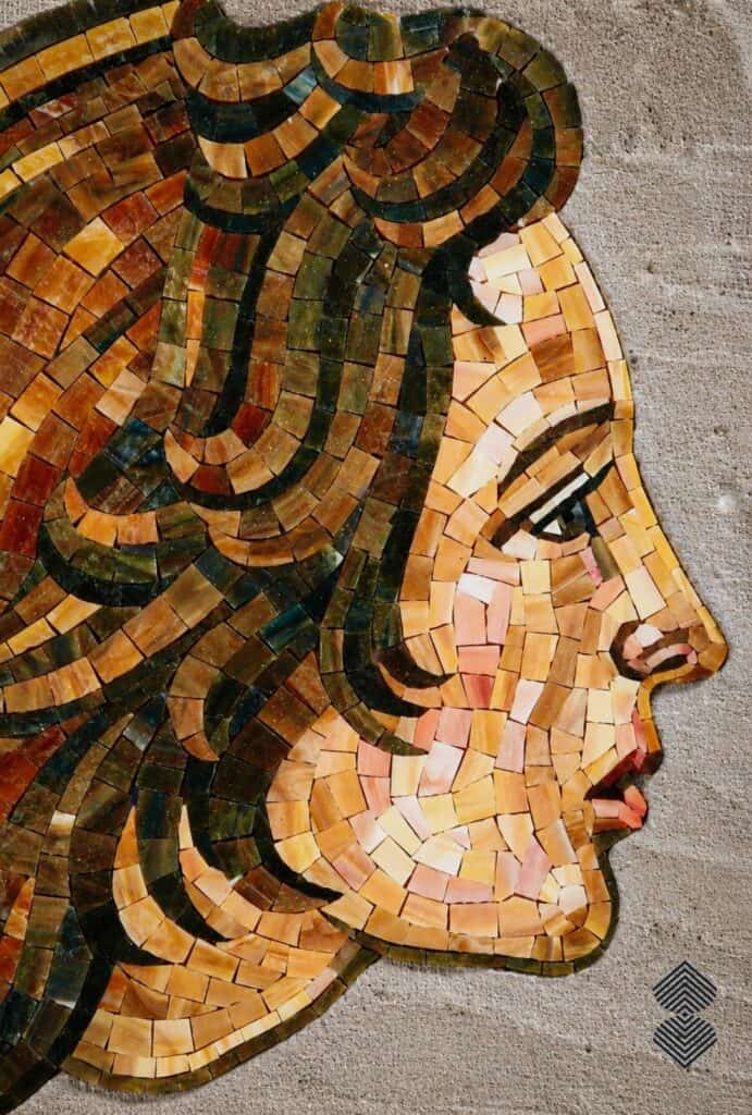 Detailed Renaissance mosaic art highlighting expressive eyes, delicate facial shading, and precise tile placement.