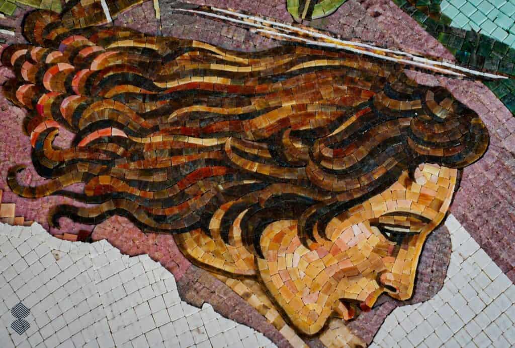 Handcrafted Renaissance mosaic wall art showcasing detailed facial expressions, flowing garments, and artistic craftsmanship.