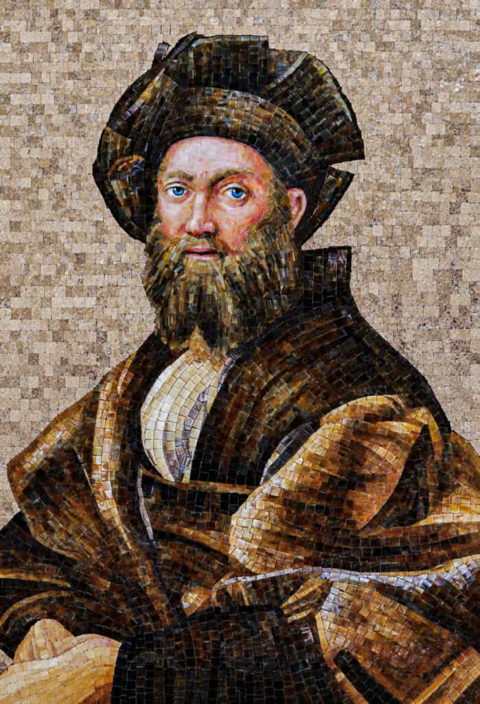 Handcrafted Renaissance mosaic portrait of Baldassare Castiglione featuring subtle skin tones, detailed facial features, and classical clothing.