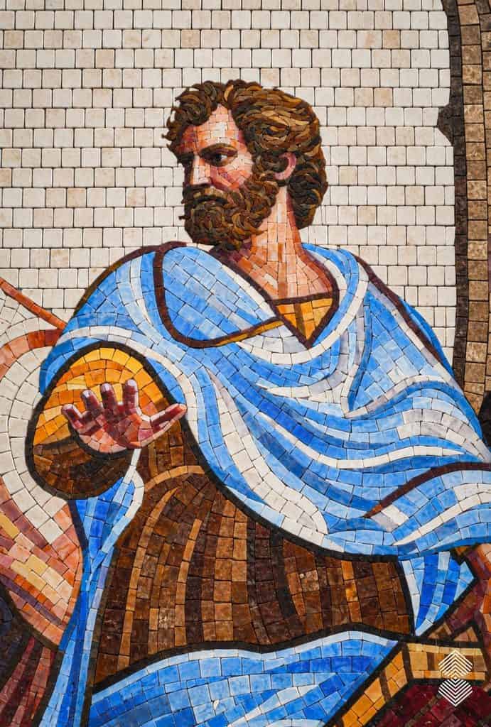 Renaissance mosaic art recreating Raphael's School of Athens with colorful philosophers and classical architecture.