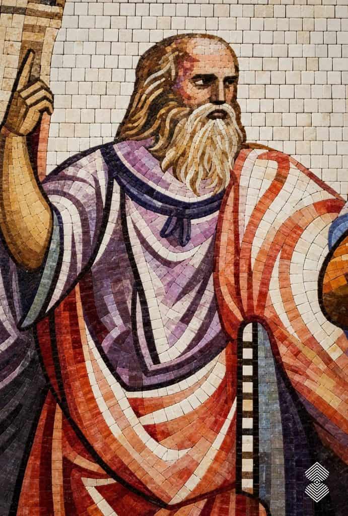 Handcrafted School of Athens mosaic featuring Plato and Aristotle beneath grand Renaissance arches.