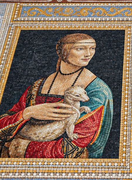 Renaissance mosaic portrait of Lady With an Ermine featuring delicate facial details and natural shading.
