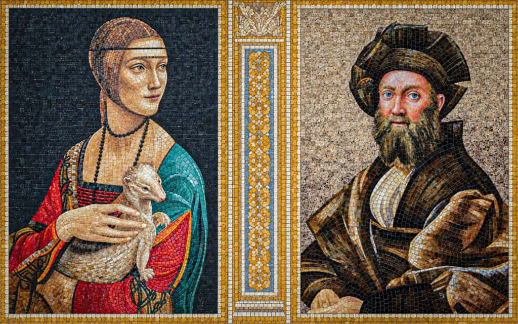 Handcrafted Renaissance mosaic portrait inspired by Raphael's Baldassare Castiglione painting.