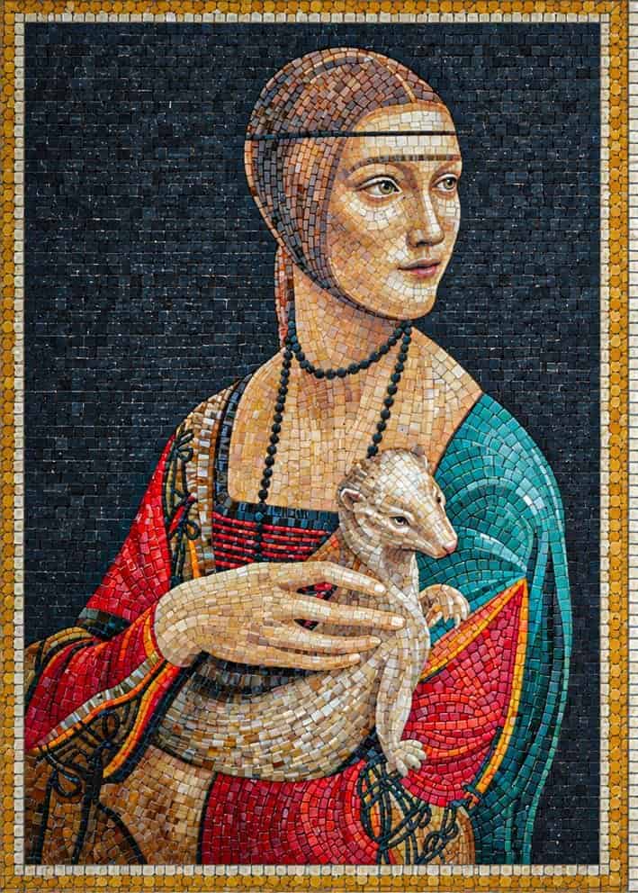 Handcrafted Renaissance mosaic portrait inspired by Leonardo da Vinci’s Lady with an Ermine painting.