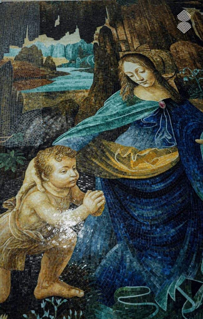 Renaissance mosaic art inspired by Leonardo da Vinci's Virgin of the Rocks with turquoise water and earthy stone formations.