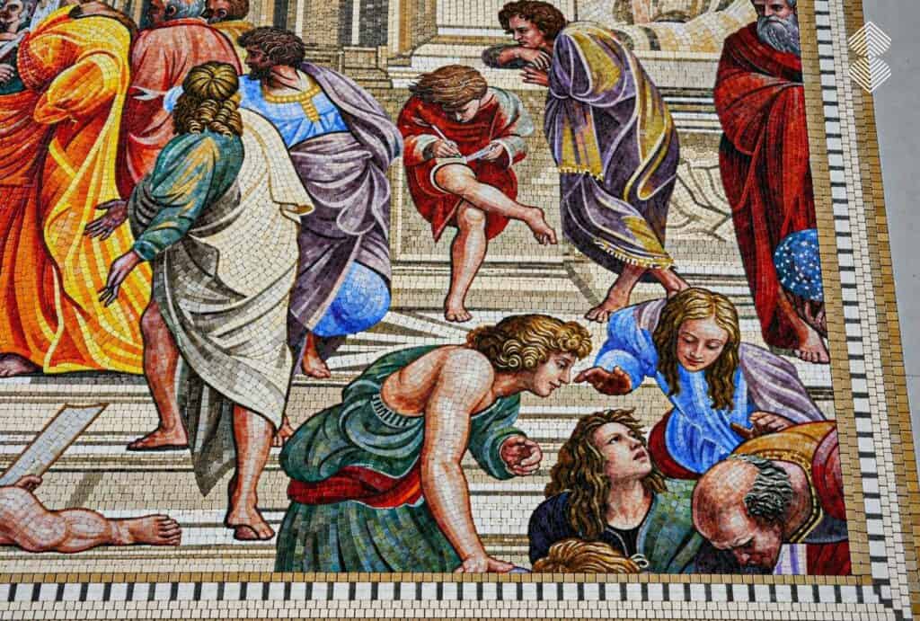 Luxury Renaissance mosaic wall art featuring a detailed recreation of Raphael's famous fresco.
