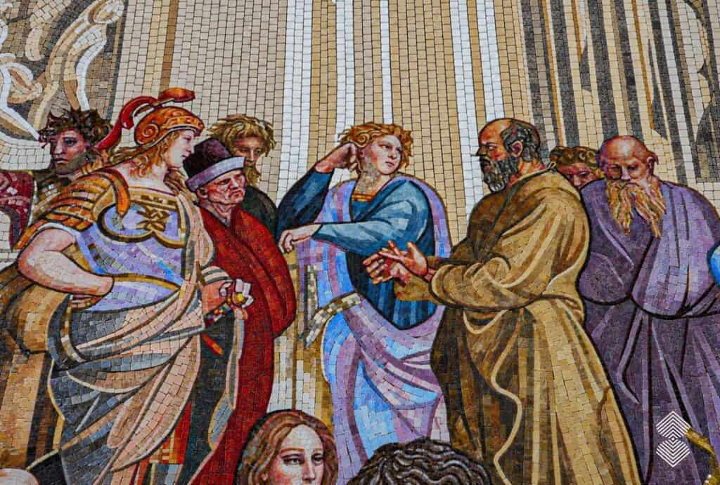 Custom Renaissance mosaic art showcasing intricate tessera placement across architectural arches and figures.