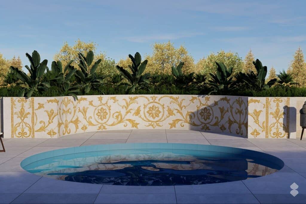 A pool surround wall crafted with a gold and white railing-style mosaic for design cohesion with the interior