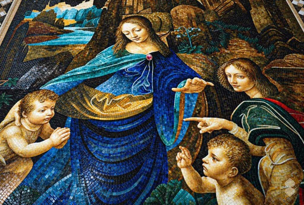 Virgin of the Rocks Renaissance mosaic depicting Mary, two children, and an angel in a rocky landscape.