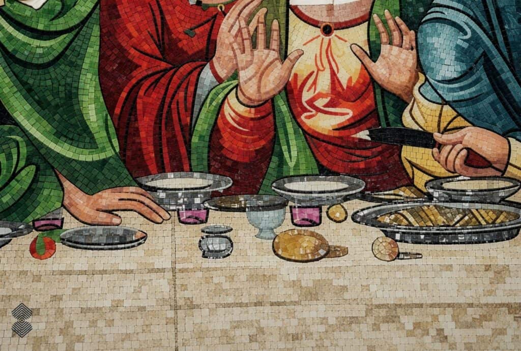 Close-up of The Last Supper mosaic showcasing expressive apostle faces, intricate hand-cut tesserae, and colorful garment details.