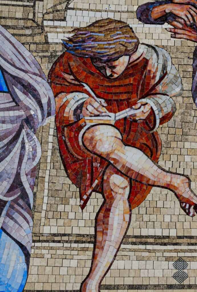 Detailed Renaissance mosaic recreating the grand architectural setting of Raphael's School of Athens