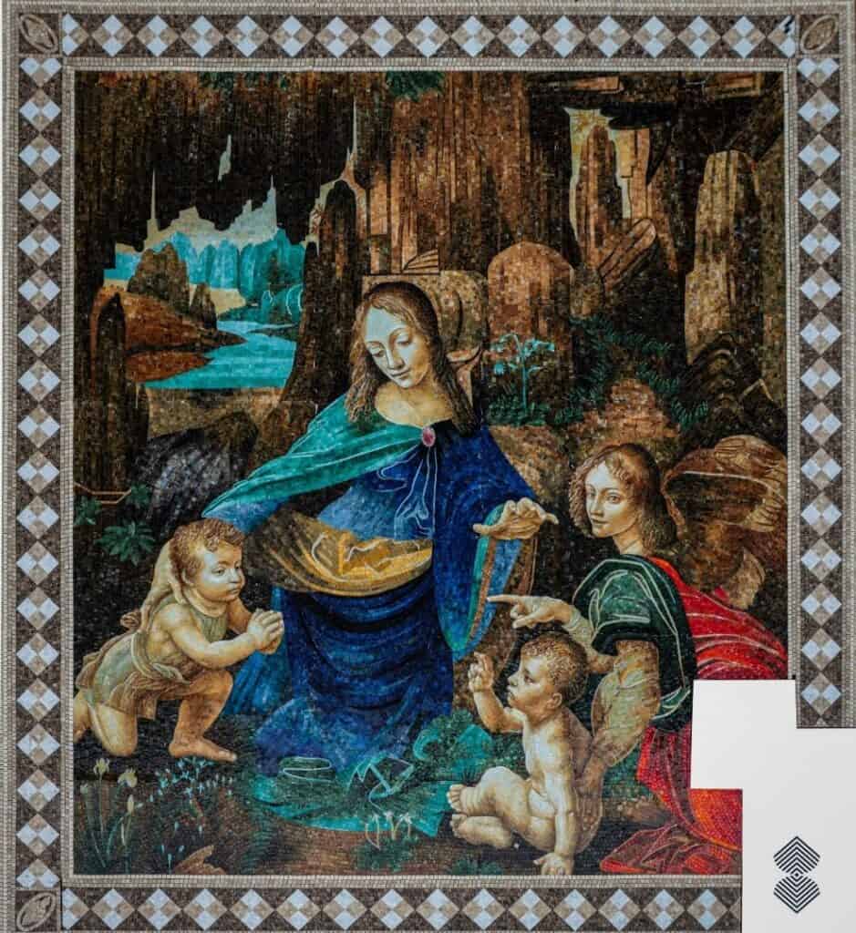 Renaissance mosaic art inspired by Leonardo da Vinci's Virgin of the Rocks with turquoise water and earthy stone formations.