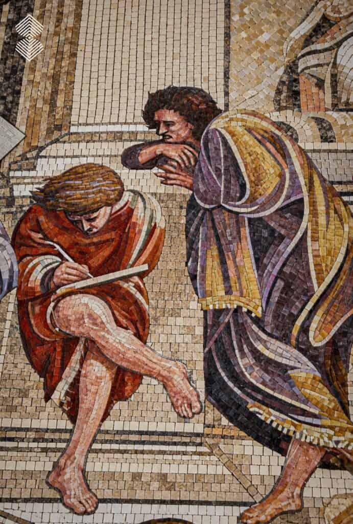 Classical Renaissance mosaic mural featuring detailed figures, ornamental borders, and architectural perspective.