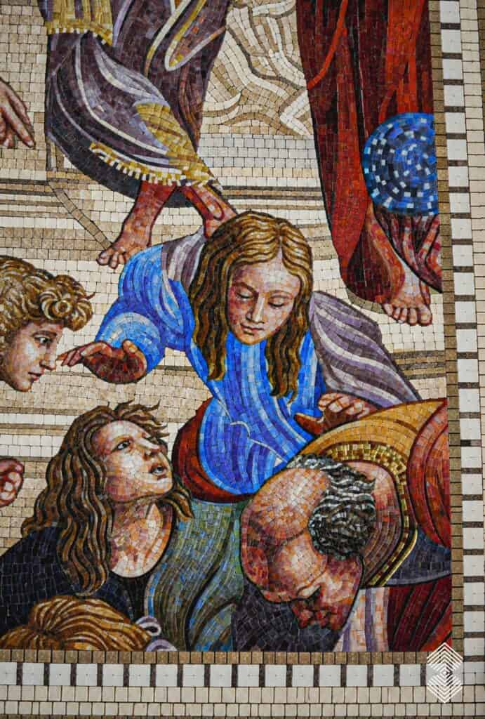 Custom School of Athens mosaic wall art featuring colorful figures and intricate geometric flooring
